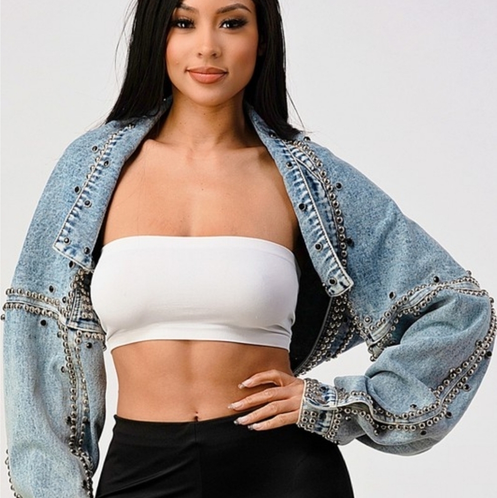 Open front beaded denim jacket NWT - Picture 6 of 8